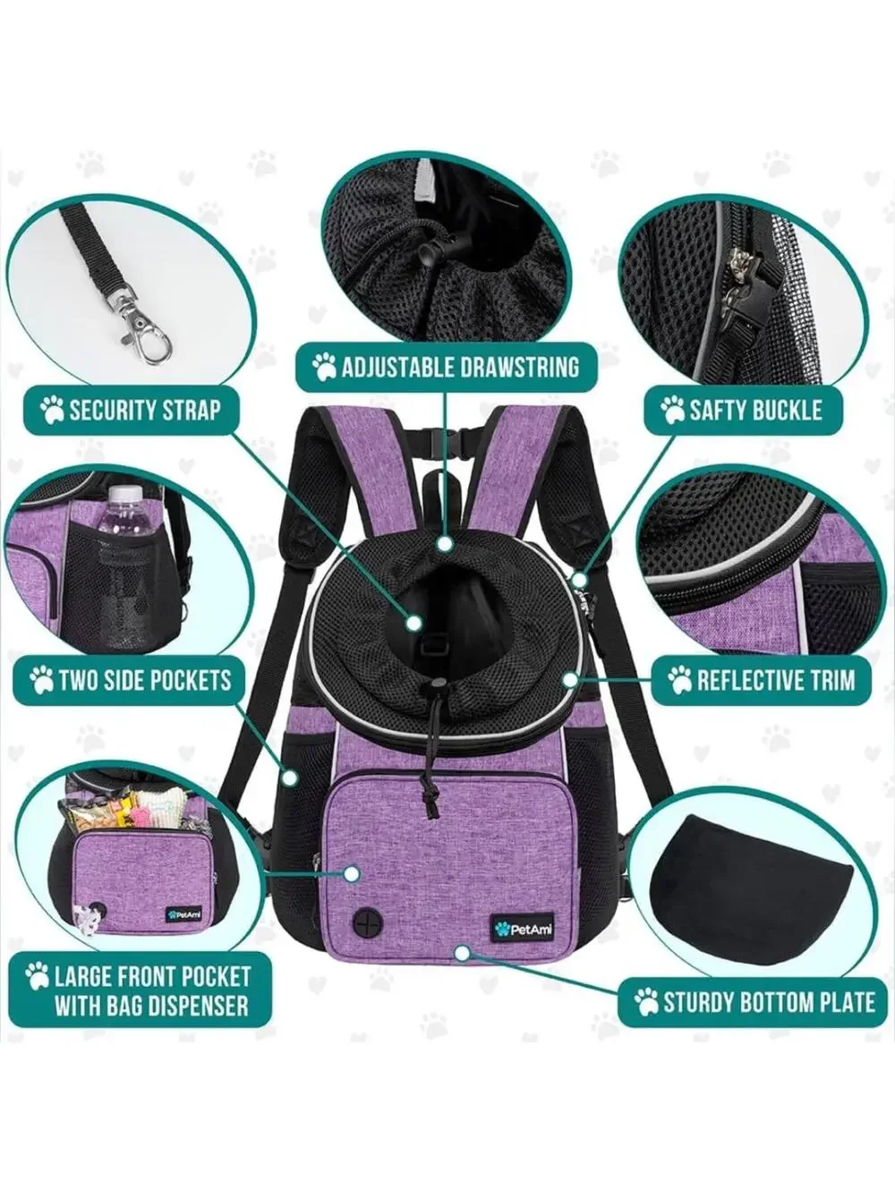 NWT PetAmi Adjustable Dog Chest Carrier Backpack, Ventilated, Max 10lbs, Purple